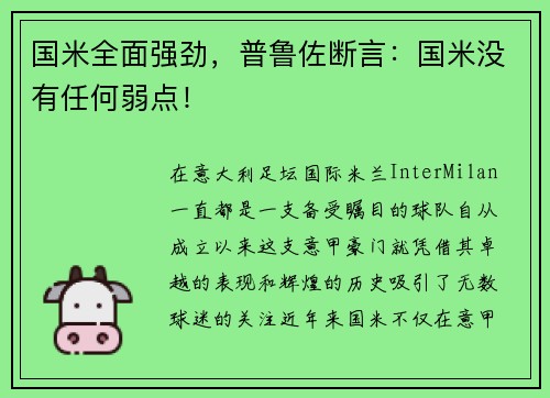 国米全面强劲，普鲁佐断言：国米没有任何弱点！